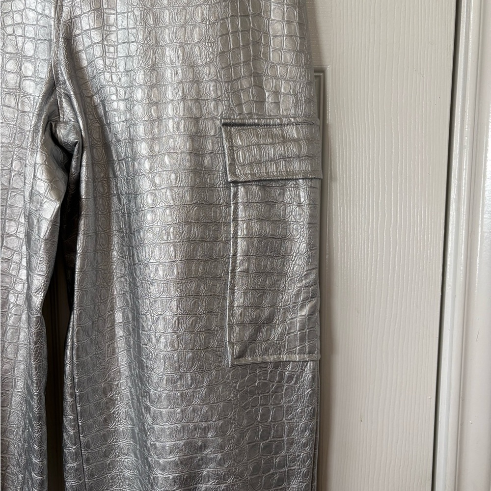 NAKED WARDROBE The Crocodile Faux Leather Joggers Metallic Silver Size Small NWT - Picture 4 of 13